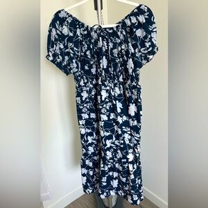 Navy Blue & White Floral Off the Shoulder Puffed Short sleeve Ruched Waist Dress
